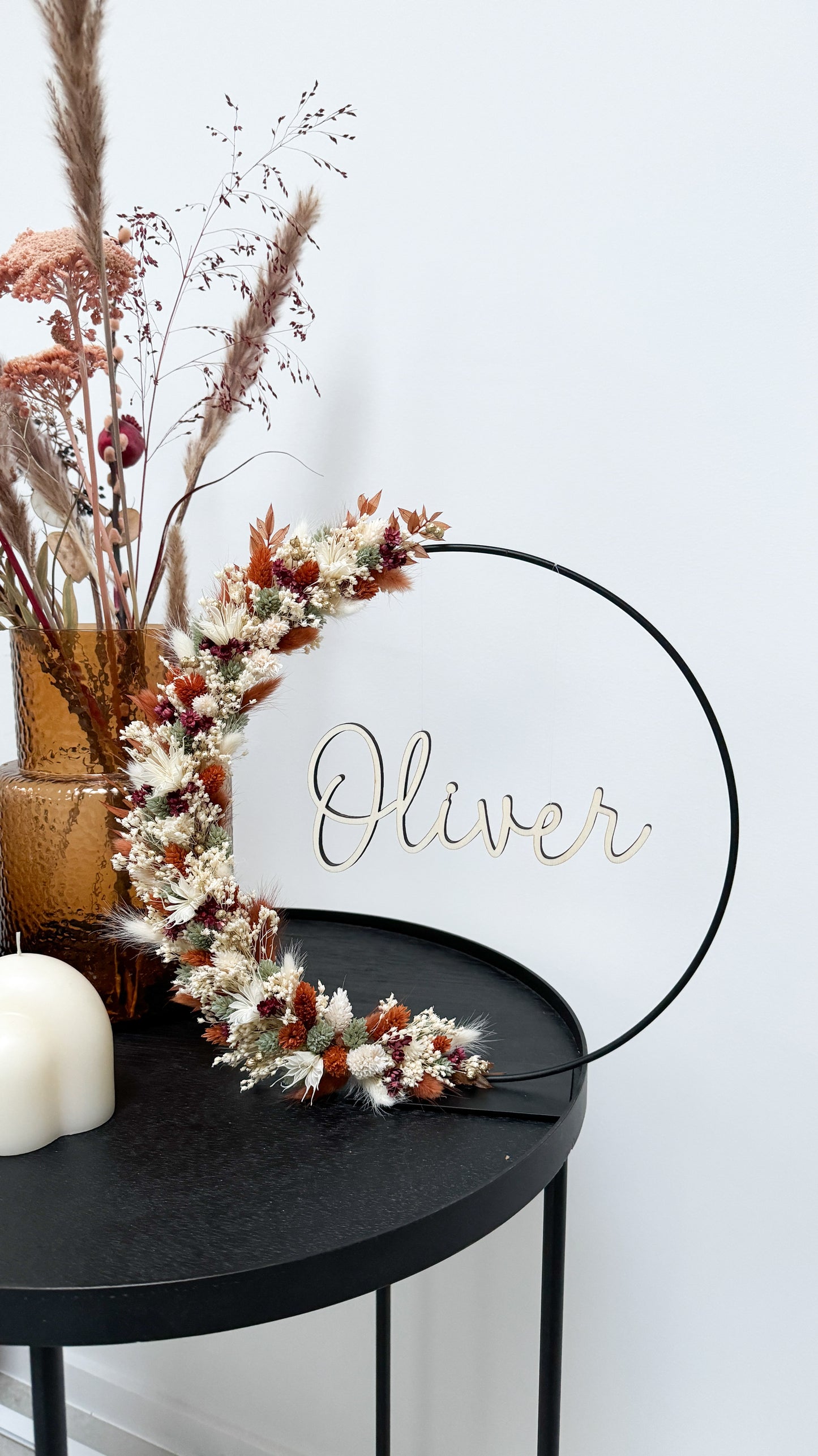 Couronne de fleurs séchées avec prénom en bois 25, 30 ou 40cm