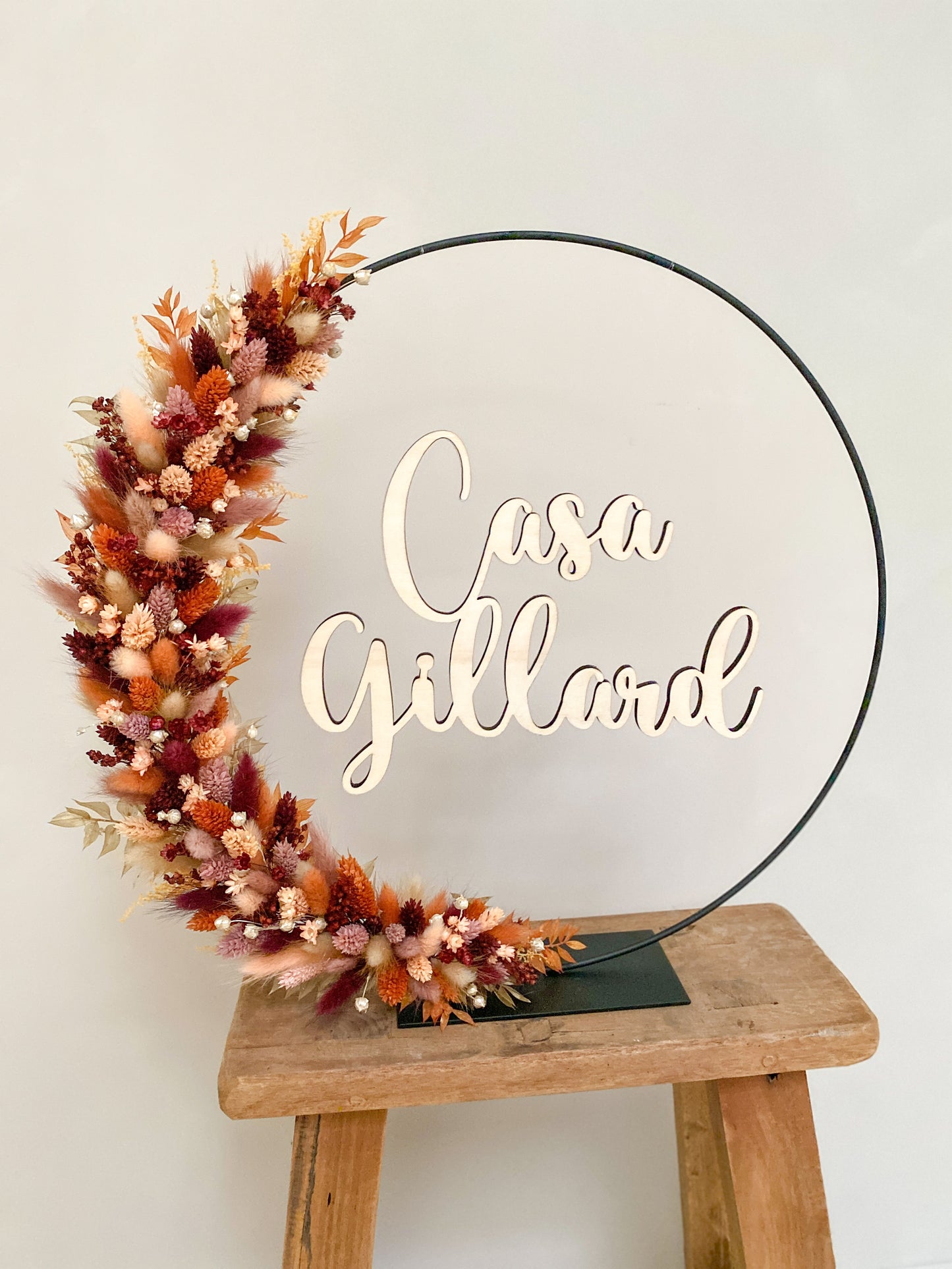 Couronne de fleurs séchées avec prénom en bois 25, 30 ou 40cm