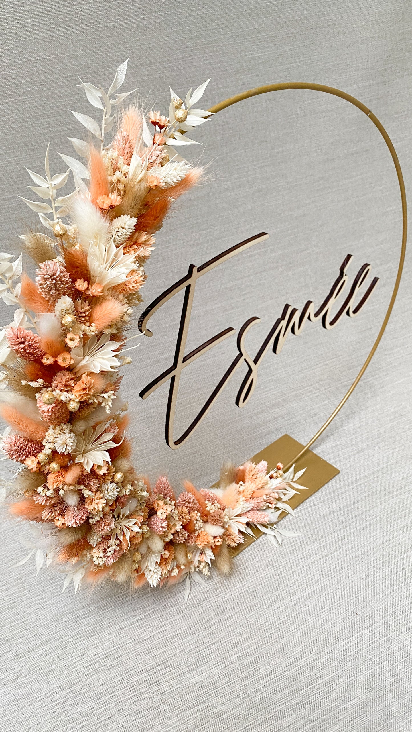 Couronne de fleurs séchées avec prénom en bois 25, 30 ou 40cm