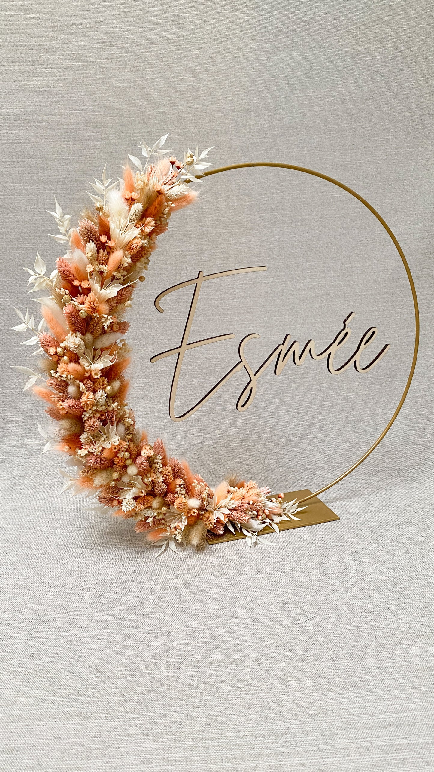 Couronne de fleurs séchées avec prénom en bois 25, 30 ou 40cm