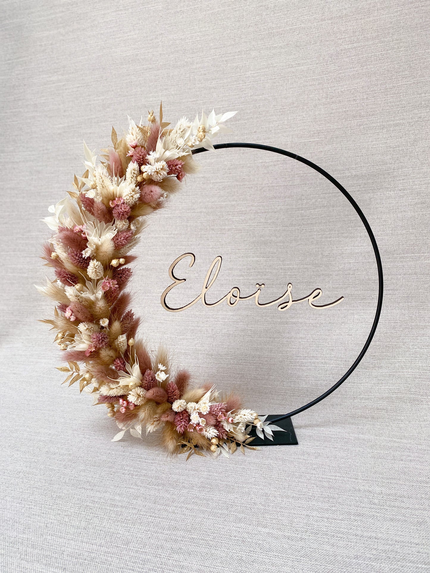 Couronne de fleurs séchées avec prénom en bois 25, 30 ou 40cm