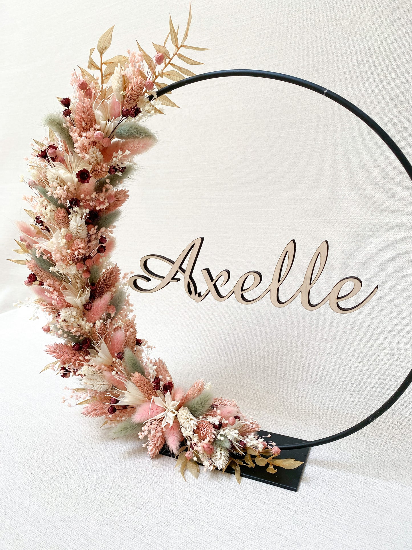 Couronne de fleurs séchées avec prénom en bois 25, 30 ou 40cm