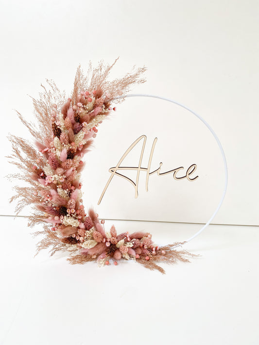 Couronne de fleurs séchées avec prénom en bois 25, 30 ou 40cm