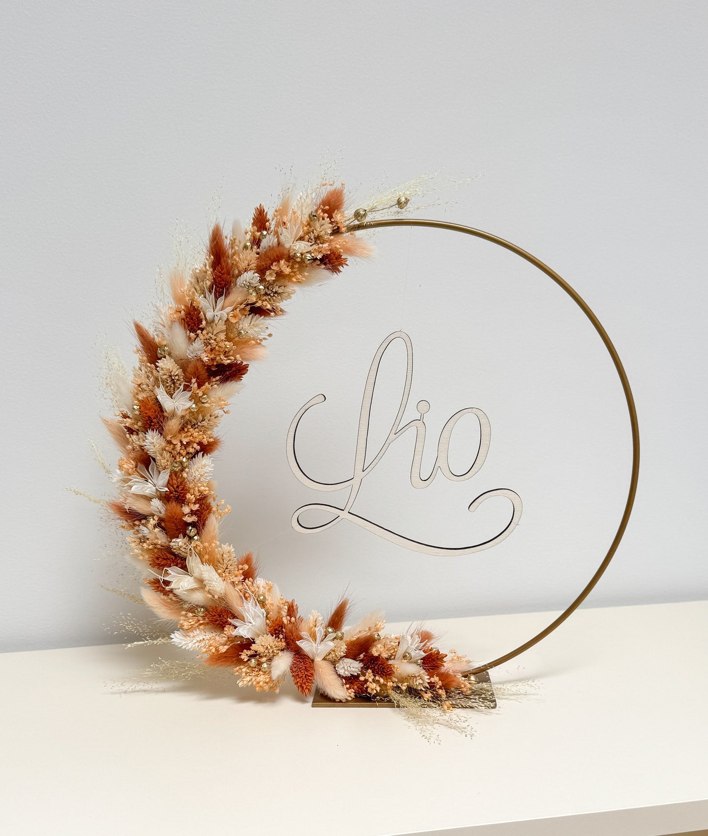 Couronne de fleurs séchées avec prénom en bois 25, 30 ou 40cm