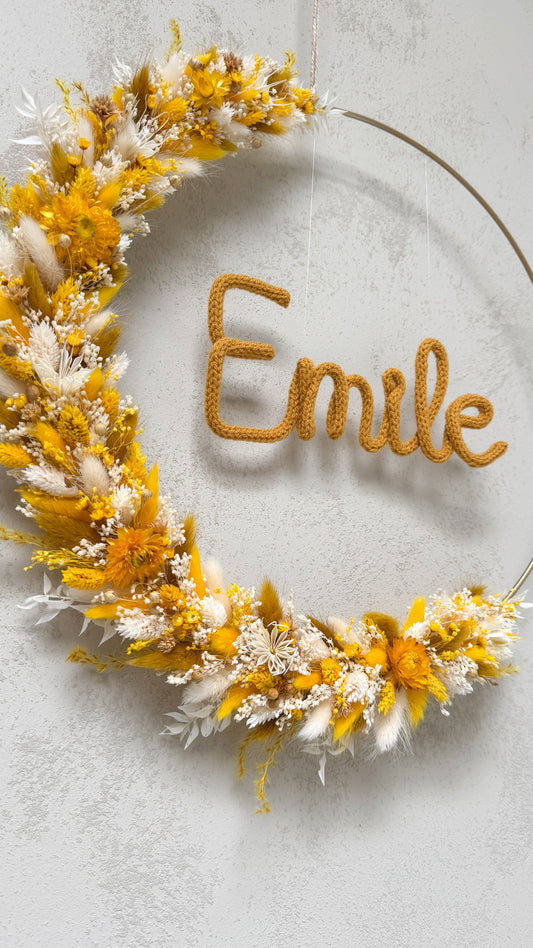 Couronne de fleurs séchées à suspendre avec surnom 25, 30 ou 40 cm